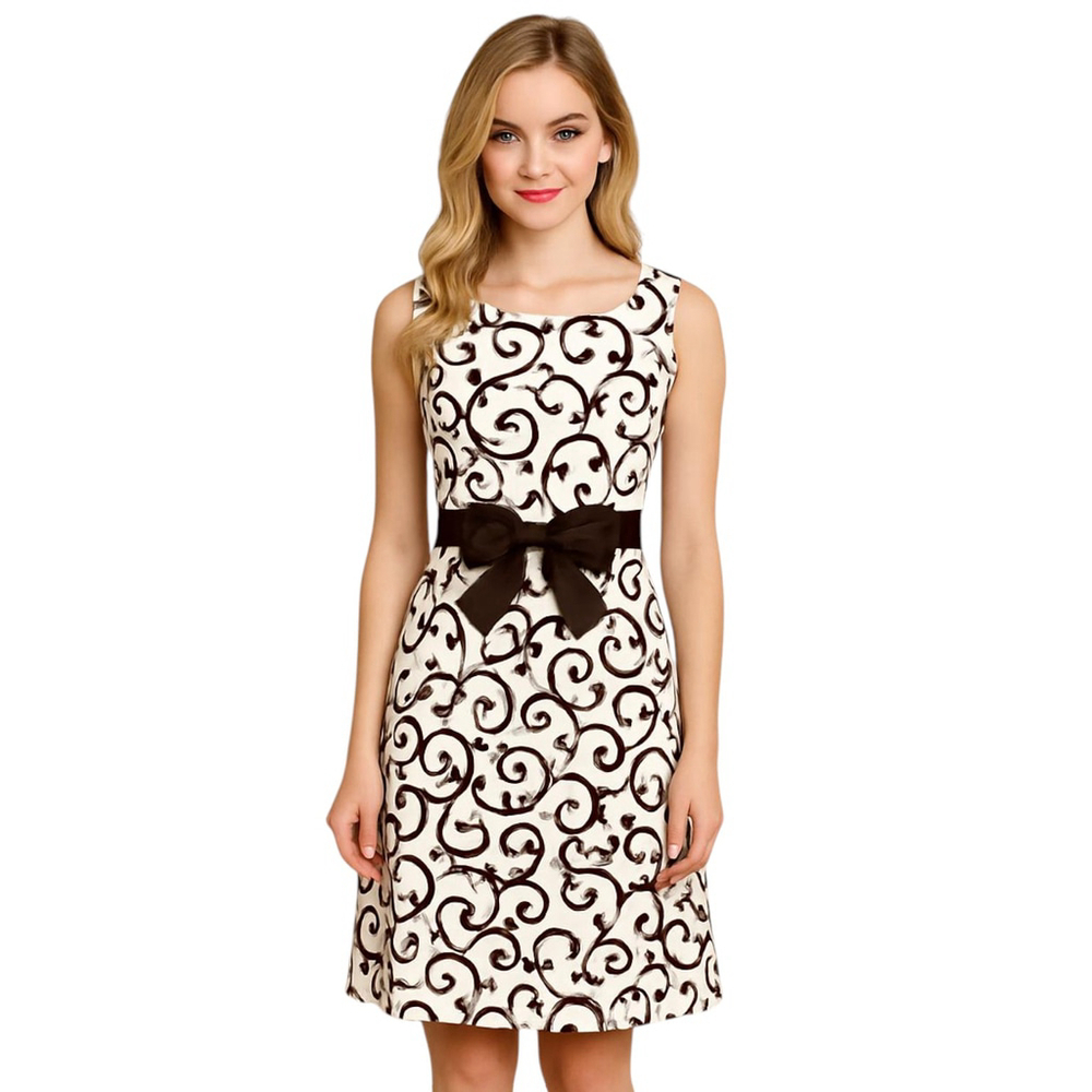 VTG 80s 90s Jessica Howard Fit Flare Dress 10 White Brown Bow Sleeveless Whimsy